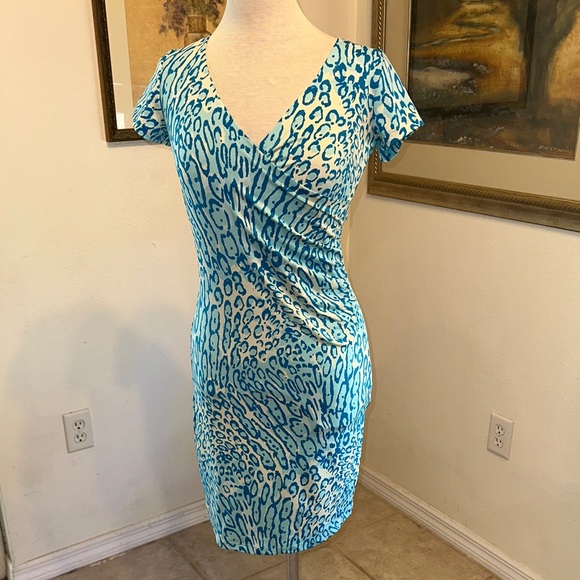 JB by JULIE BROWN NYC Blue/White Leopard Print V-Neck Dress Size Small - Picture 6 of 11